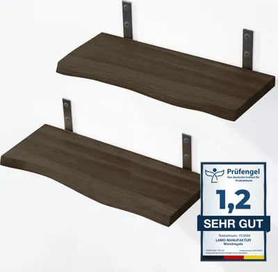 Produktbild von LAMO Manufaktur 2 Stück Wandregal Holz 2x 40cm | Schweberegal Massiv 100% Echtholz | Hängeregal für Wohnzimmer, Schlafzimmer, Küche, Badezimmer | Wandregale SET 2 Baumkante |Regal Farbe: Schwarz