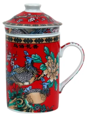 Produktbild von Keramik Teetasse mit Deckel + Sieb für Losen Tee mit (Blaue Fasane, 501), Asiatisches Motiv, Porzellan, Tee-Becher