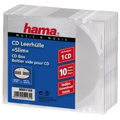 Produktbild von Hama CD Slim Empty Box, pack 10, transparent, 1 Disks, Transparent, 145 mm, 125 mm, 53 mm, 354 g