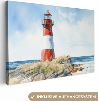 Produktbild von MuchoWow® - Leinwandbilder - Leuchtturm - Felsen - Meer - Natur - Maritim, Wandbild, Wanddeko Bilder Wohnzimmer, 120x80 cm