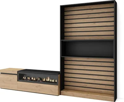 Produktbild von Wohnwand Wohnzimmer, 260x35x186cm, Für TV-Geräte bis zu 65", Elektrokamin, Eiche und Schwarz