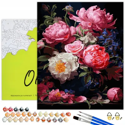 Obrázek produktu pro Ach, umění! Malování podle čísel pro dospělé Květiny - Pivoňky a růže 50x40 cm - sada pro kutily Plátno s rámem, 36 akrylových barev, 3 štětce a příslušenství