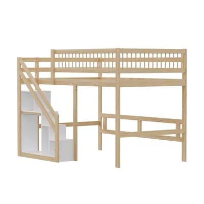 Produktbild von Massivholzbett 140*200, Treppe mit Stauschrank, hohes Geländer, Kinderbett, Jugendbett, Massivholzbettgestell, Holzfarbe
