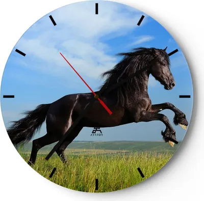 Produktbild von Wanduhr - Rund - Glasuhr - Schwarzes Pferd Pferd Galopp - 30x30cm - Schleichendes Uhrwerk - Lautlos - zum Aufhängen bereit - Dekoration Modern - Wanddekoration aus Glas - C3AR30x30-0495