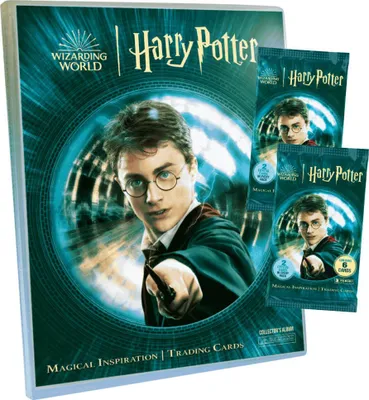 A binder and two booster packs of Harry Potter trading cards are displayed.
