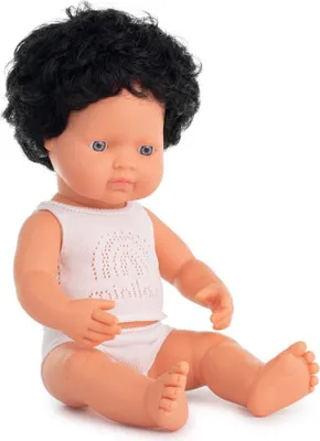 Produktbild von Lernpuppe 38 cm Kaukasischer Junge mit schwarzem und gewelltem Haar