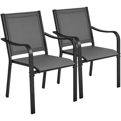 Two gray outdoor chairs with black frames are shown against a white background.