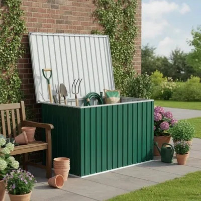 Image de Boîte de rangement d'extérieur - Coffre de jardin 149x99x93 cm - Étanche - Acier galvanisé et plastique - Couvercle rabattable avec charnières - Pour coussins de jardin, outils, accessoires de jardin