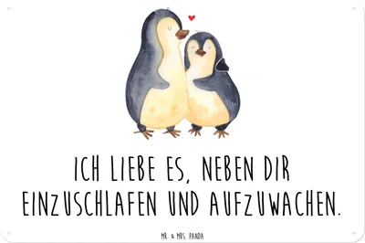Produktbild von Mr. & Mrs. Panda Wandbild Pinguine Einschlafen DIN A3 - Weiß - Geschenk, Freundin, Türschild, Valentinstag, tafel, Schild, für Frauen, Hochzeitstag, Freund, Partner