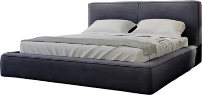 A studio shot of a bed with a dark gray upholstered frame and white bedding.