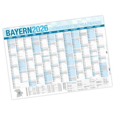 A calendar for the year 2026 for the region of Bayern, Germany, displayed flat on a white background.