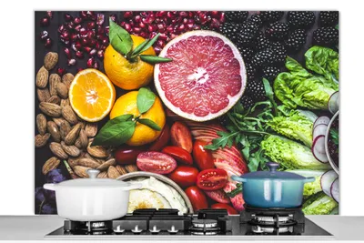 Produktbild von KitchenYeah®  Spritzschutz Küche - Küchenrückwand - Wandschutz für Herd und Spüle - Gemüse - Obst - Farben 120x80 - Alu-Dibond (Alternative zum Spritzschutz aus Glas) - Hitzebeständig - Herdspritzschu