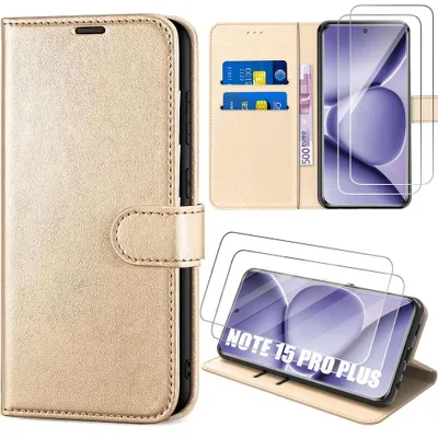 Image de Coque + 2 Verres Trempés pour Xiaomi Redmi Note 15 Pro Plus 5G, Anti-Rayures Antichoc CuirPolyuréthaneDoré