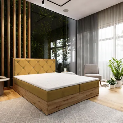 Produktbild von Masseno Boxspringbett FOSCO 180x200 cm Komplett-Set mit Bonell Matratze und Topper, Polsterbett mit Bettkästen -Gelb, KRONOS 01