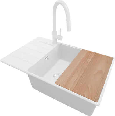 Produktbild von PRIMAGRAN Granitspüle Alles Weiß 78x50cm, Spülbecken 1 Becken + Ablauf-Set + Küchenzubehörset, Küchenspüle ab 60er Unterschrank - Kopenhagen