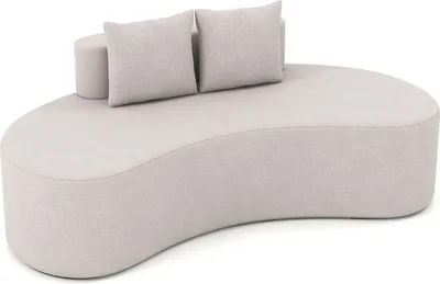 A light gray, curved sofa with two square throw pillows and two cylindrical bolsters at the back. The sofa is shown from a three-quarter angle against a white background.