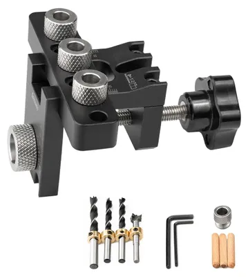 Imagen del producto de Localizador de orificios de carpintería 3 en 1, hecho de aleación de aluminio, posicionador de perforación, guía para piezas de madera con brocas de 8 a 15 mm, herramienta versátil para bricolaje en carpintería, ideal para unir tablas