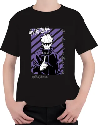 Produktbild von Jujutsu Kaisen Gojo Satoru Anime Manga lila Streifen Fan Vintage Uni Kinder T-Shirt, Schwarz, 116