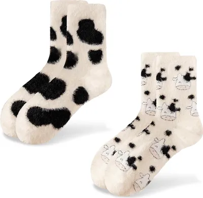 Obrázok produktu pre Útulné ponožky dámy roztomilé kravy zátka ponožky 2-pack teplé nadýchané zimné ponožky