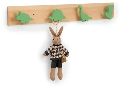 Produktbild von Relaxdays Kindergarderobe Dino, Wandhakenleiste 4 Haken, HBT: 7x50x4 cm, Kindergarderobenhaken, Holz & MDF, natur/grün