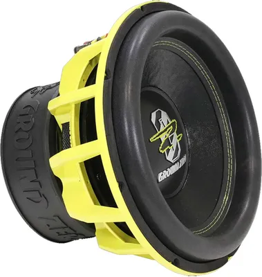 A yellow and black subwoofer is shown against a white background.