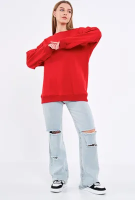 Produktbild von COMEOR Sweatshirt Damen Bequemer Oversize Pullover aus Baumwolle, Langarmshirt als Basic Pulli ohne Kapuze Regular Fit (Rot S)