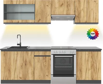 Produktbild von Vicco Küchenzeile Raul, 240 cm J-Shape, ohne Arbeitsplatte mit LED-Leisten, Goldkraft Eiche/Anthrazit
