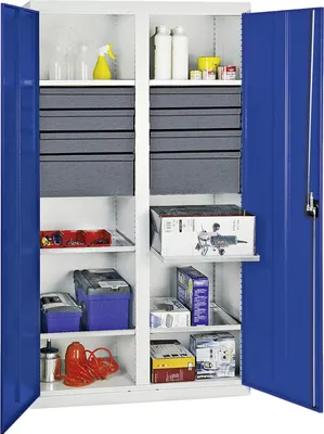 Image de Stumpf Armoire à outils et matériel série 3000 gris clair / bleu gentiane + 6 tiroirs 100 mm + 2 tiroirs 200 mm + cloison centrale + 6 tablettes coulissantes - 3004774