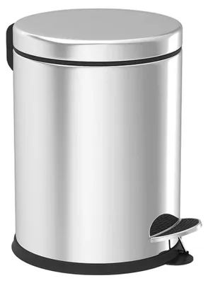 A stainless steel pedal trash can on a white background.