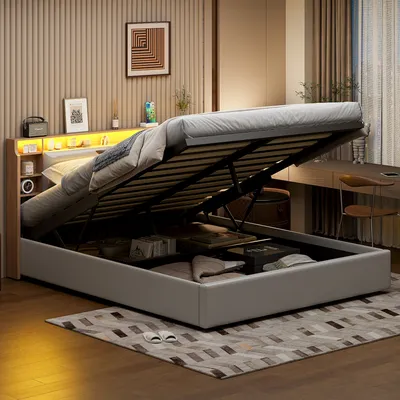 Image de Lit rembourré 140 x 200 cm avec tête de lit à rangement et sommier à lattes, lit boxspring Lit à rangement hydraulique avec coffre de lit Espace de rangement,Lit double pour adolescents, PU