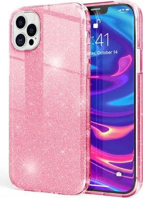 A pink glitter phone case is shown next to a smartphone.