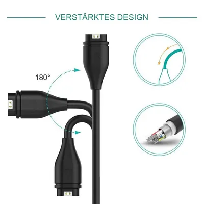 A diagram showing a black charging cable with multiple connection points and angles, illustrating its flexibility and reinforced design.