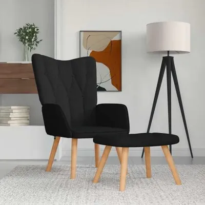 Produktbild von Moderner Relaxsessel mit Fußhocker, Stoffbezug und Holzbeinen, gepolsterter Fernsehsessel für Wohnzimmer und Schlafzimmer, schwarzer Einzelsessel