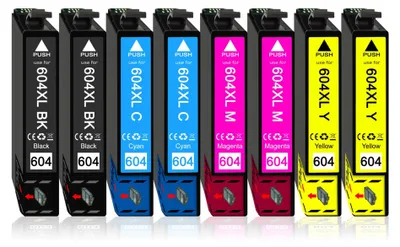 A row of eight ink cartridges for a printer.