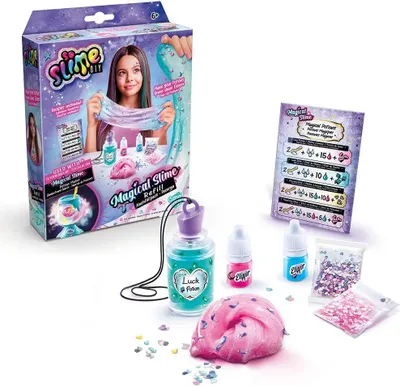 A slime making kit with packaging, instructions, and slime components.