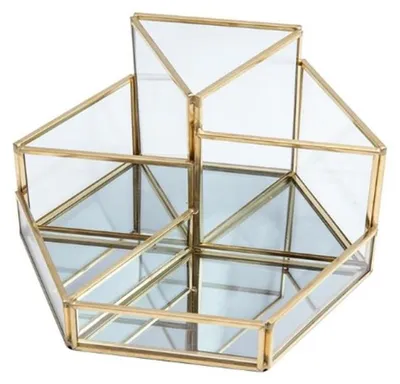 Immagine prodotto di UNIQ Organizer geometrico per trucchi, color oro - Contenitore per cosmetici in vetro e metallo con 5 scomparti