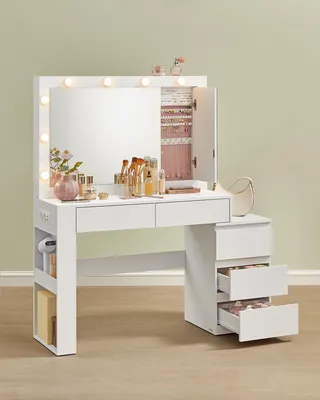 Produktbild von VASAGLE Schminktisch mit LED-Beleuchtung, Frisiertisch mit Spiegel, Schmuckschrank, Steckdosenleiste, 40 x 125 x 140 cm, Kosmetiktisch mit Schubladen