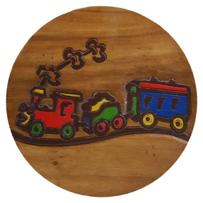 Produktbild von Tokoindah Kinderhocker Eisenbahn – Schemel aus Massivholz, in Handarbeit gefertigt & bemalt, runder Sitzhocker fürs Kinderzimmer