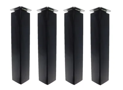 Four black furniture legs are arranged in a row against a white background.