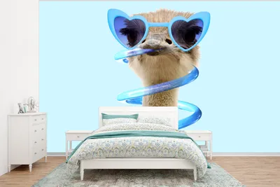 Produktbild von MuchoWow® Fototapete für Wohnzimmer oder Schlafzimmer Wandtapete Vinyl Motivtapete Strauß - Sonnenbrille - Blau - Tiere - 375x280 cm - Schlafzimmer tapete