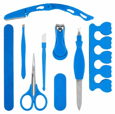 Immagine prodotto di Set di accessori per la manicure: tagliaunghie, forbici, lima, pinzetta, pinza, blu, Immagine generata dall'IA