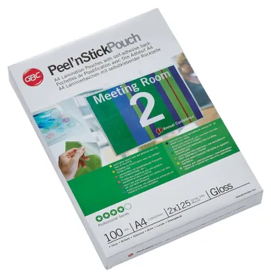 Produktbild von GBC Peel`n Stick Laminiertaschen A4 2x125 Micron glänzend (100), Glänzend, A4, 216 mm, 0,25 mm, 303 mm, 100 Stück(e)