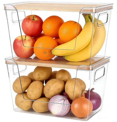 2er-Set stapelbare Vorratsboxen, transparent, mit Bambusdeckel, 9,63 l