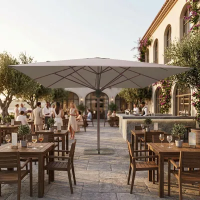 Immagine prodotto di Milani Home - ombrellone da giardino telescopico 5 x 5 m con palo centrale in alluminio, telo poliestere taupe, per terrazzo e dehor