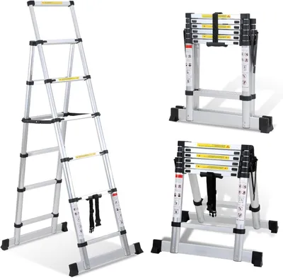 Image de Échelle télescopique - Échelle pliante en aluminium - Pour travaux en toute sécurité - Marches antidérapantes - Capacité de charge : 150 kg - Argentée