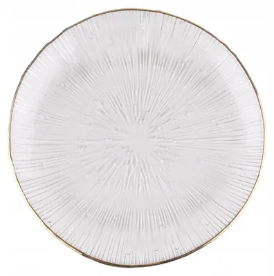 Obrázok produktu pre Sklenený dezertný tanier Ø 15 cm so zlatým okrajom – elegantný tanier na tortu, malý sklenený tanier s reliéfom lúčov, servírovací tanier v retro štýle