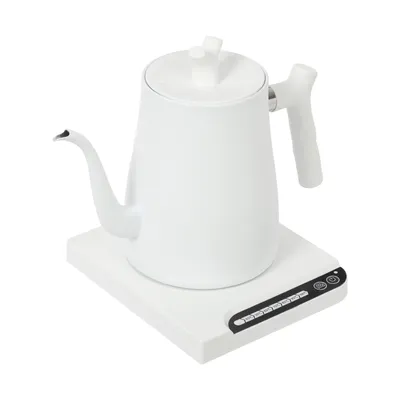 A white electric kettle with a gooseneck spout sits on a white base with control buttons.