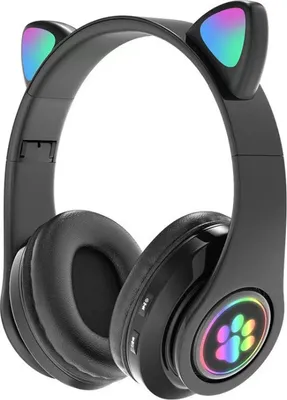 A pair of black wireless headphones with cat ears and colorful LED lights.