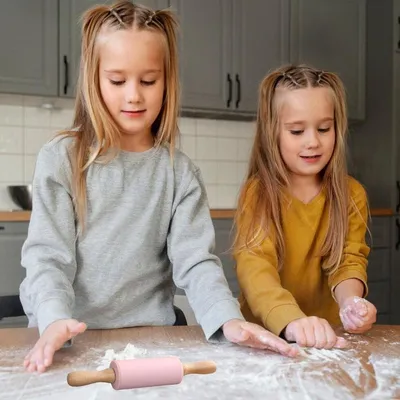 Siliconen Teigrolle für Kinder - 2 Stück mit Holzgriff zum Backen von Kuchen, Pizza und Keksen