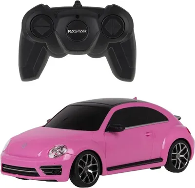 A pink remote-controlled Volkswagen Beetle car and its remote control are shown against a white background.